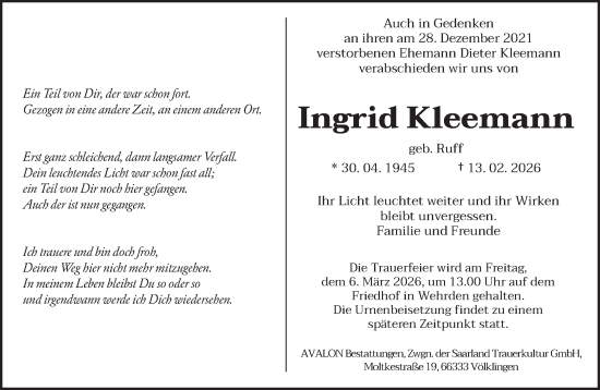 Traueranzeige von Ingrid Kleemann von saarbruecker_zeitung