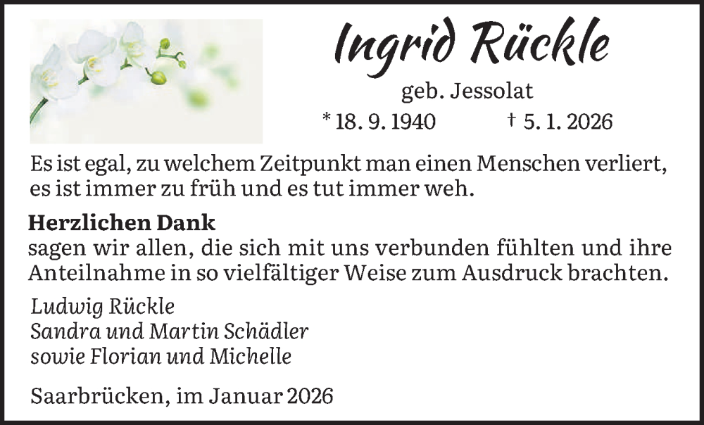  Traueranzeige für Ingrid Rückle vom 31.01.2026 aus saarbruecker_zeitung