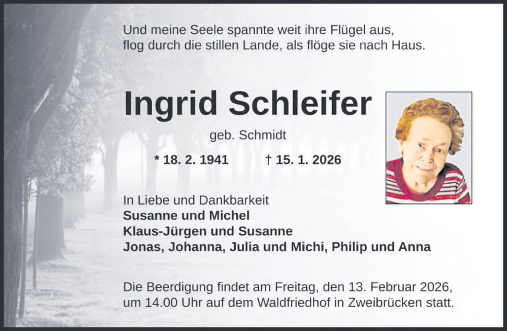  Traueranzeige für Ingrid Schleifer vom 31.01.2026 aus saarbruecker_zeitung