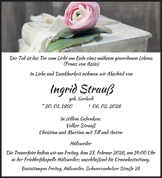 Traueranzeige von Ingrid Strauß von saarbruecker_zeitung