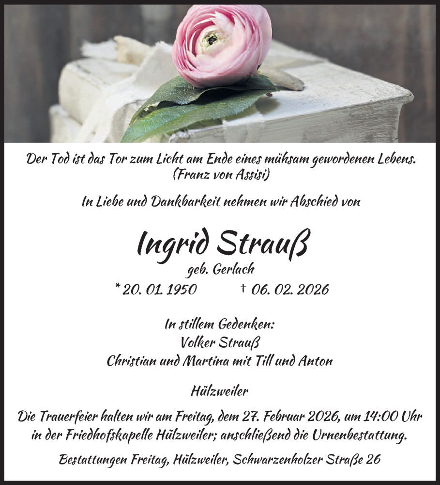  Traueranzeige für Ingrid Strauß vom 21.02.2026 aus saarbruecker_zeitung