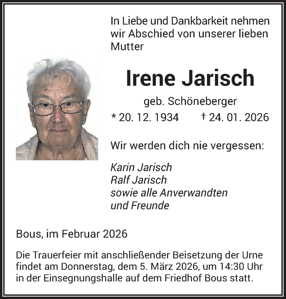  Traueranzeige für Irene Jarisch vom 21.02.2026 aus saarbruecker_zeitung