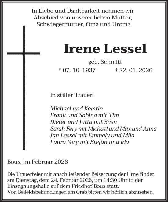 Traueranzeige von Irene Lessel von saarbruecker_zeitung