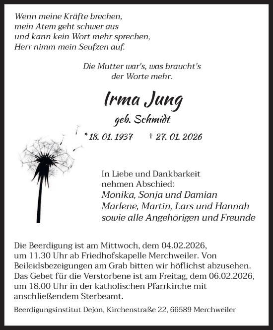 Traueranzeige von Irma Jung von saarbruecker_zeitung