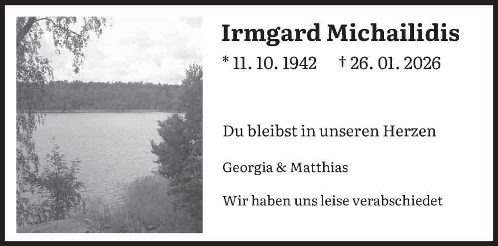  Traueranzeige für Irmgard Michailidis vom 31.01.2026 aus saarbruecker_zeitung