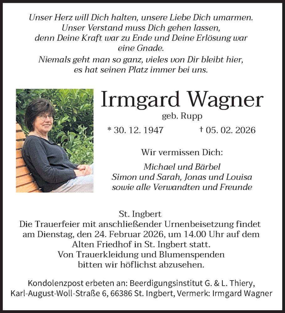  Traueranzeige für Irmgard Wagner vom 14.02.2026 aus saarbruecker_zeitung