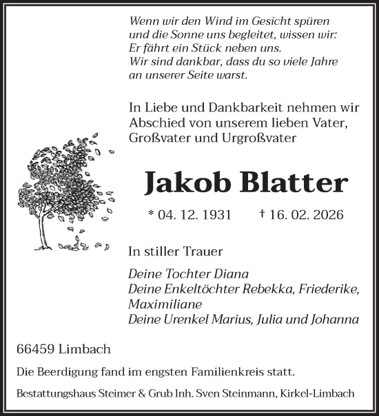 Traueranzeige von Jakob Blatter von saarbruecker_zeitung