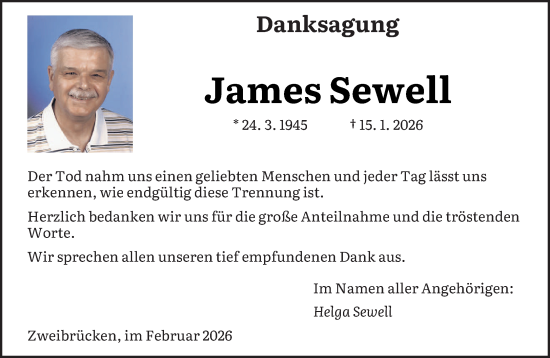 Traueranzeige von James Sewell von saarbruecker_zeitung
