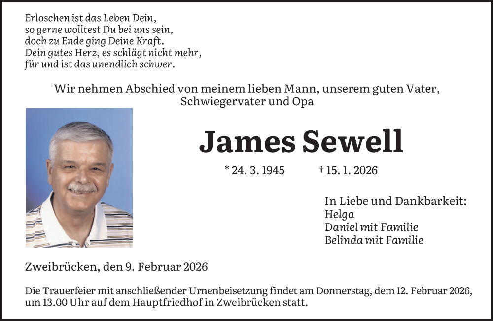  Traueranzeige für James Sewell vom 09.02.2026 aus saarbruecker_zeitung