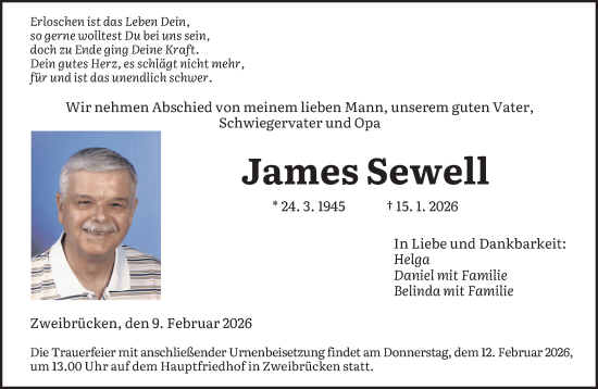 Traueranzeige von James Sewell von saarbruecker_zeitung