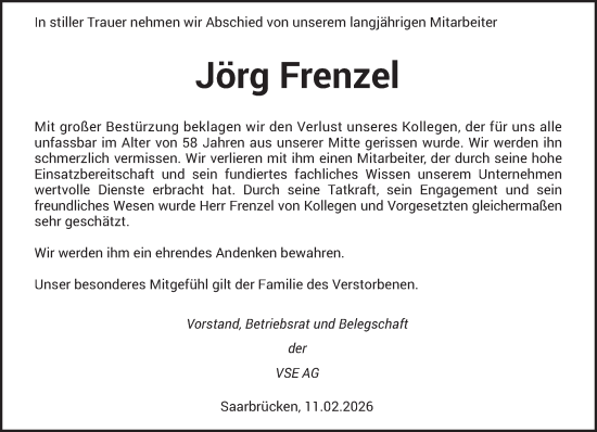 Traueranzeige von Jörg Frenzel von saarbruecker_zeitung