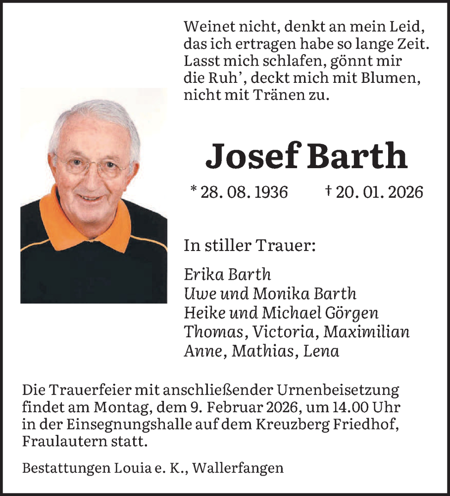  Traueranzeige für Josef Barth vom 31.01.2026 aus saarbruecker_zeitung