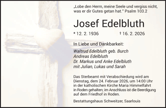 Traueranzeige von Josef Edelbluth von saarbruecker_zeitung