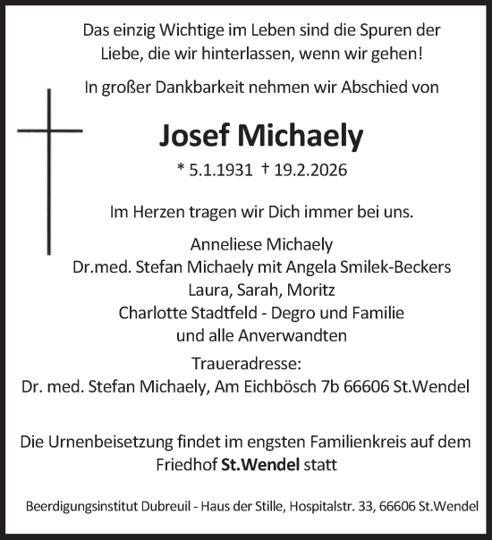 Traueranzeige von Josef Michaely von saarbruecker_zeitung