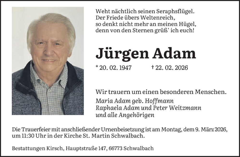  Traueranzeige für Jürgen Adam vom 28.02.2026 aus saarbruecker_zeitung
