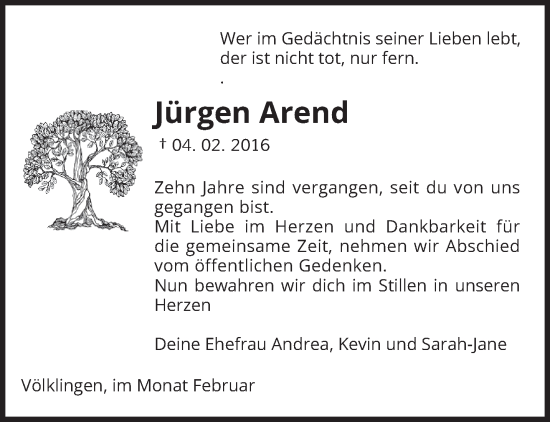 Traueranzeige von Jürgen Arend von saarbruecker_zeitung