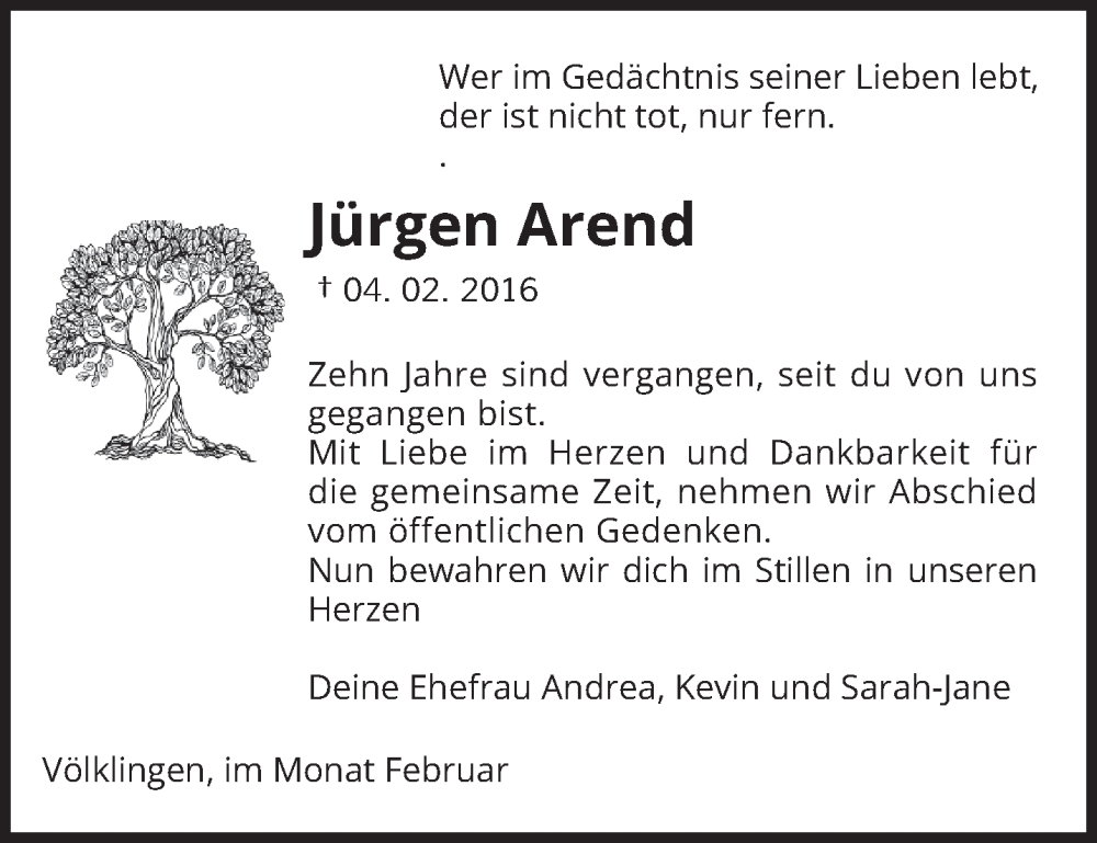  Traueranzeige für Jürgen Arend vom 04.02.2026 aus saarbruecker_zeitung