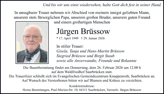 Traueranzeige von Jürgen Brüssow von saarbruecker_zeitung
