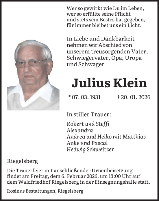Traueranzeige von Julius Klein von saarbruecker_zeitung