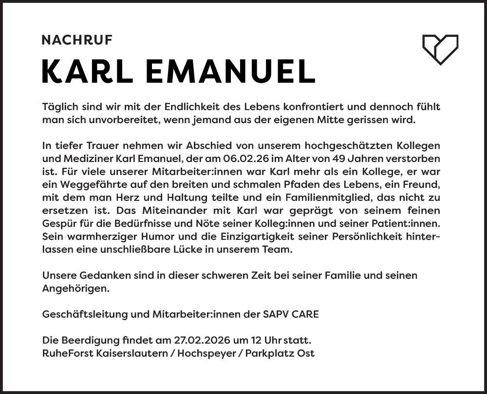  Traueranzeige für Karl Emanuel vom 14.02.2026 aus saarbruecker_zeitung