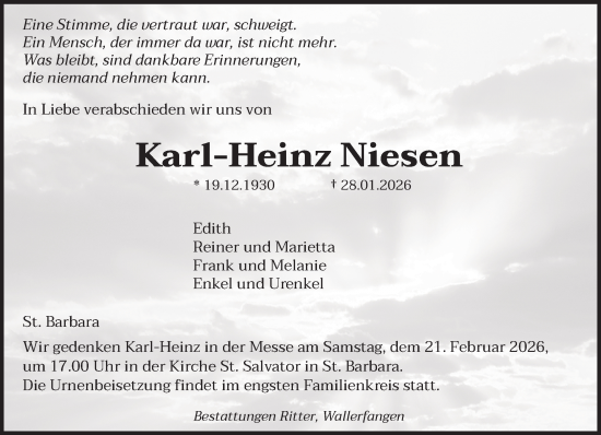 Traueranzeige von Karl-Heinz Niesen von saarbruecker_zeitung