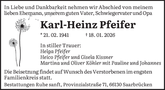 Traueranzeige von Karl-Heinz Pfeifer von saarbruecker_zeitung