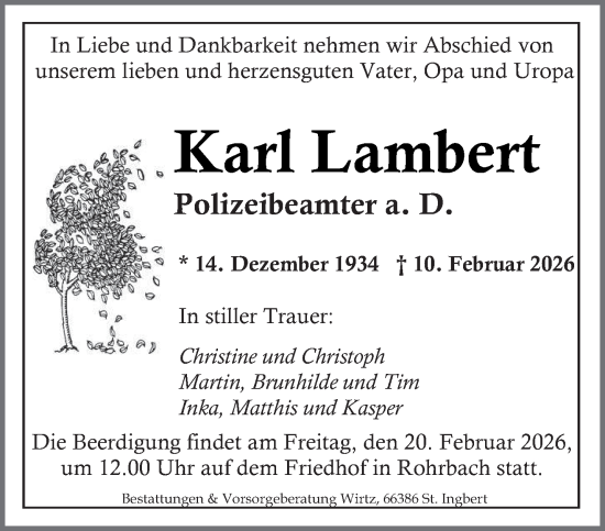 Traueranzeige von Karl Lambert von saarbruecker_zeitung