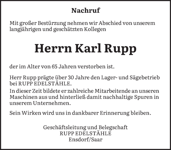 Traueranzeige von Karl Rupp von saarbruecker_zeitung
