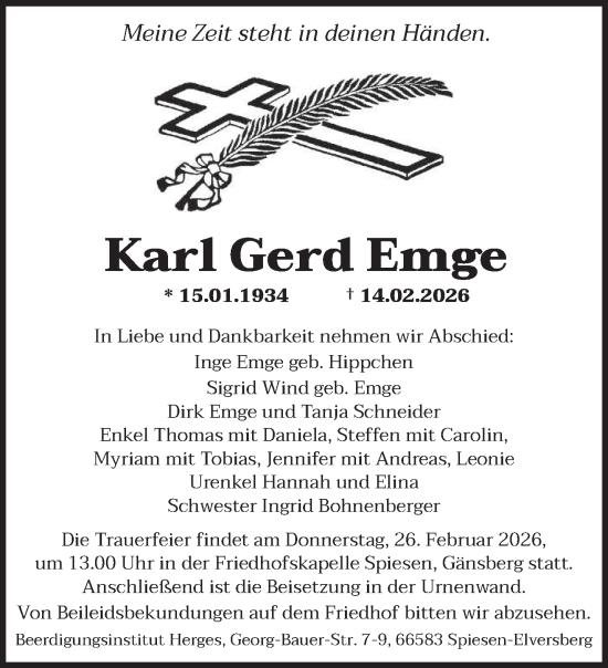 Traueranzeige von Karl Gerd Emge von saarbruecker_zeitung