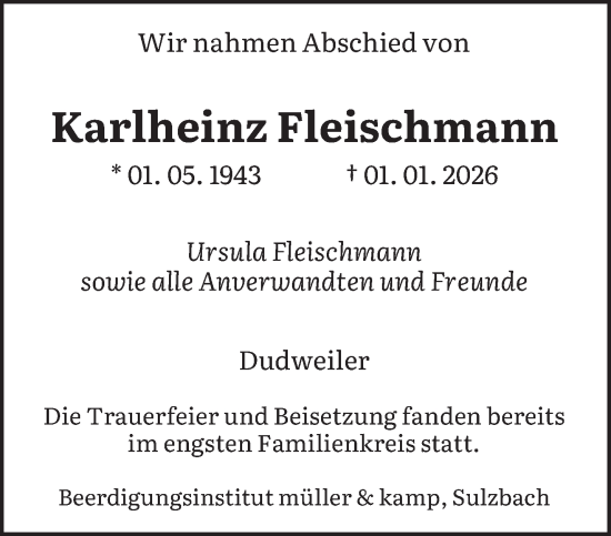 Traueranzeige von Karlheinz Fleischmann von saarbruecker_zeitung