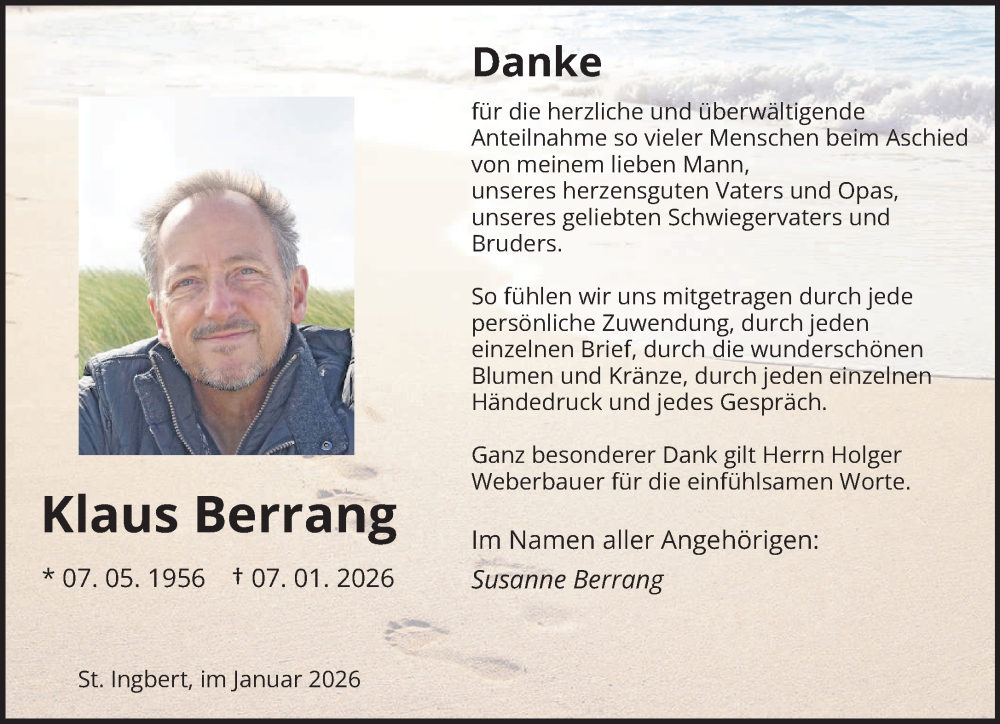  Traueranzeige für Klaus Berrang vom 31.01.2026 aus saarbruecker_zeitung