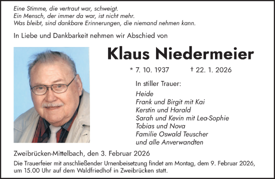 Traueranzeige von Klaus Niedermeier von saarbruecker_zeitung