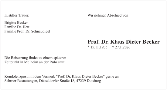 Traueranzeige von Klaus Dieter Becker von saarbruecker_zeitung