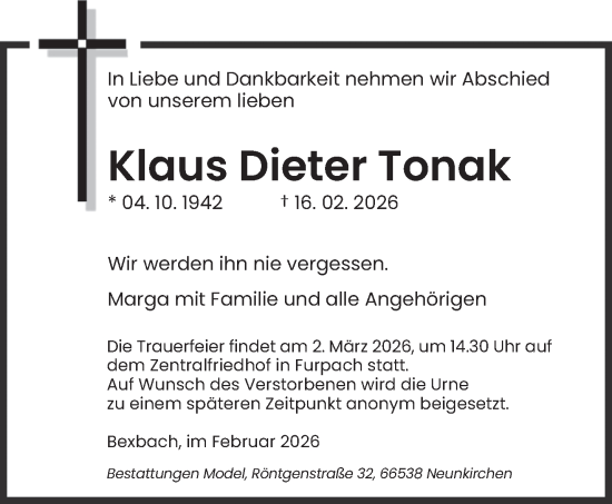 Traueranzeige von Klaus Dieter Tonak von saarbruecker_zeitung