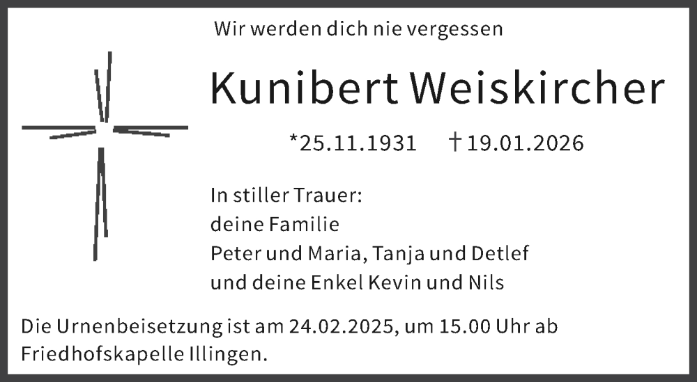  Traueranzeige für Kunibert Weiskircher vom 21.02.2026 aus saarbruecker_zeitung