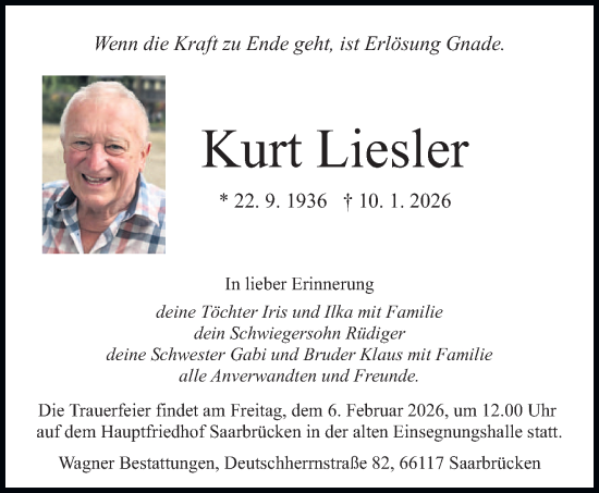 Traueranzeige von Kurt Liesler von saarbruecker_zeitung
