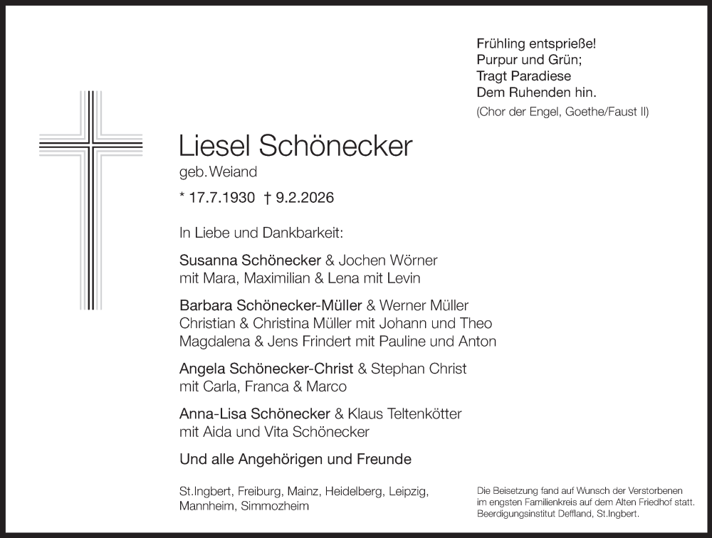  Traueranzeige für Liesel Schönecker vom 21.02.2026 aus saarbruecker_zeitung