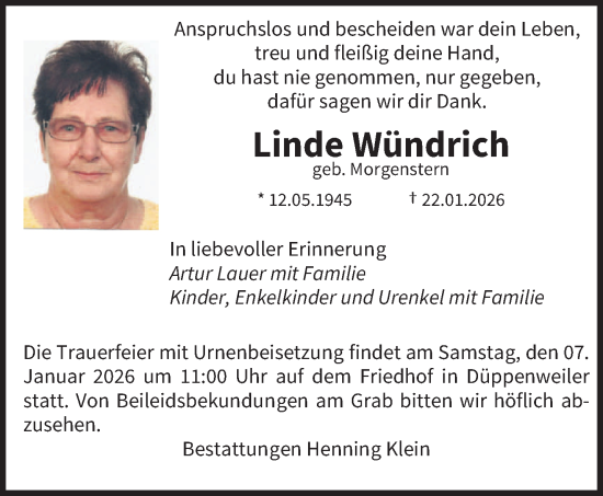 Traueranzeige von Linde Wündrich von saarbruecker_zeitung