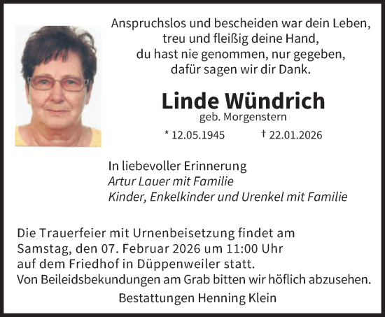 Traueranzeige von Linde Wündrich von saarbruecker_zeitung
