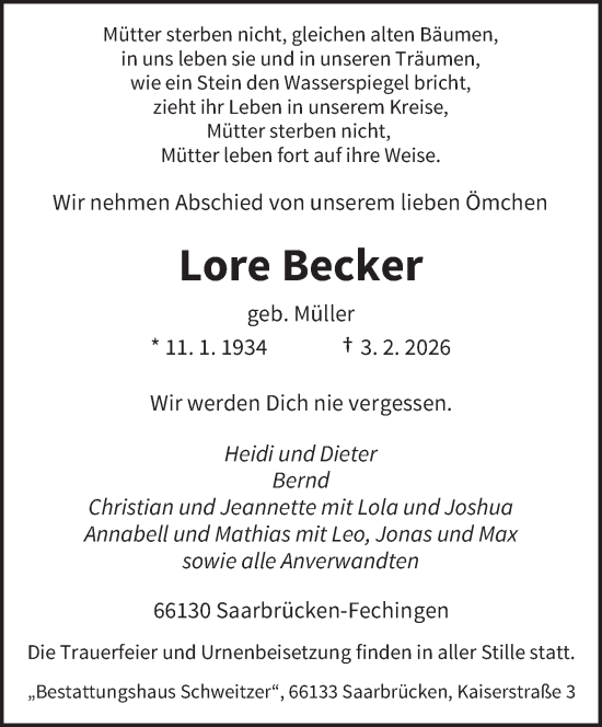 Traueranzeige von Lore Becker von saarbruecker_zeitung