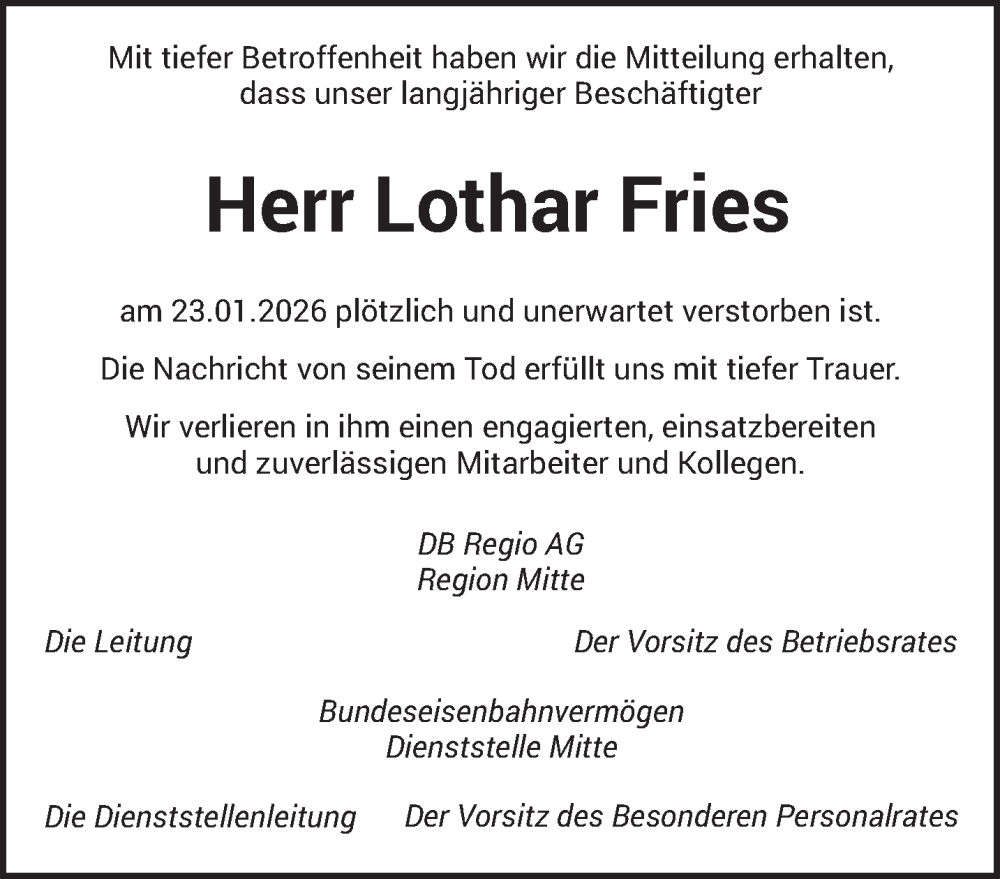  Traueranzeige für Lothar Fries vom 07.02.2026 aus saarbruecker_zeitung