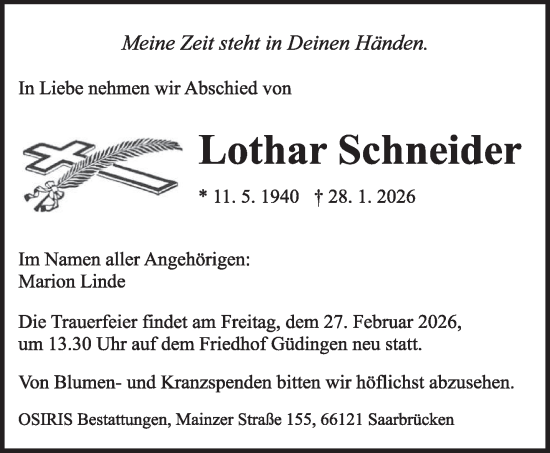 Traueranzeige von Lothar Schneider von saarbruecker_zeitung