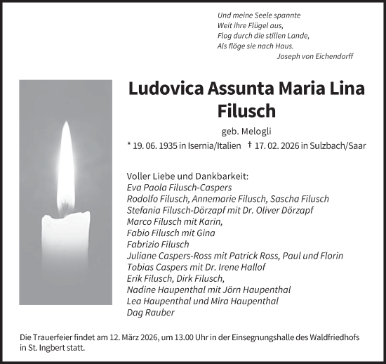 Traueranzeige von Ludovica Assunta Maria Lina Filusch von saarbruecker_zeitung