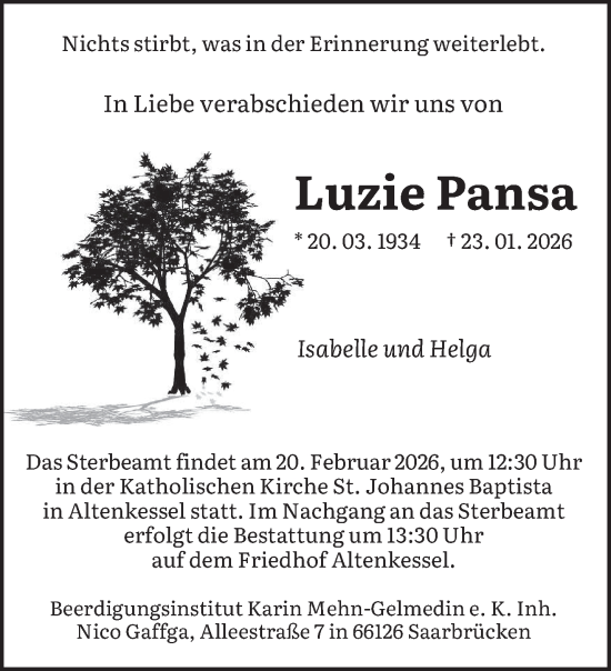 Traueranzeige von Luzie Pansa von saarbruecker_zeitung