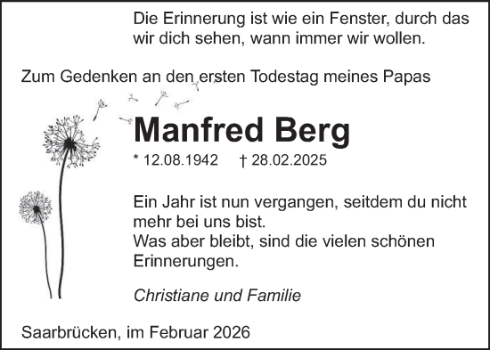 Traueranzeige von Manfred Berg von saarbruecker_zeitung