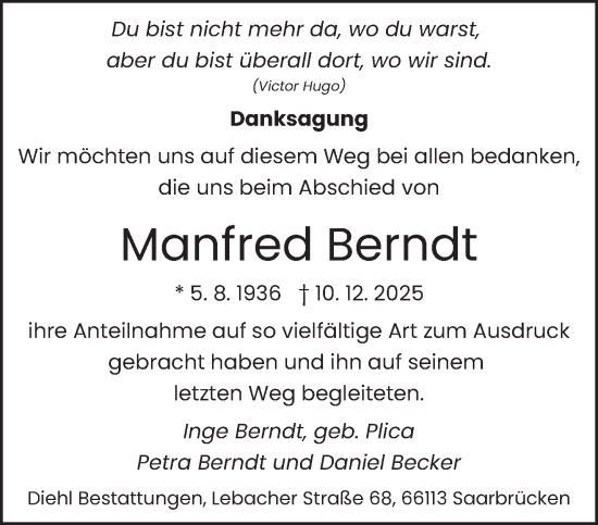 Traueranzeige von Manfred Berndt von saarbruecker_zeitung