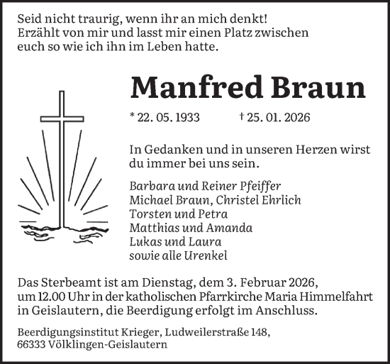 Traueranzeige von Manfred Braun von saarbruecker_zeitung
