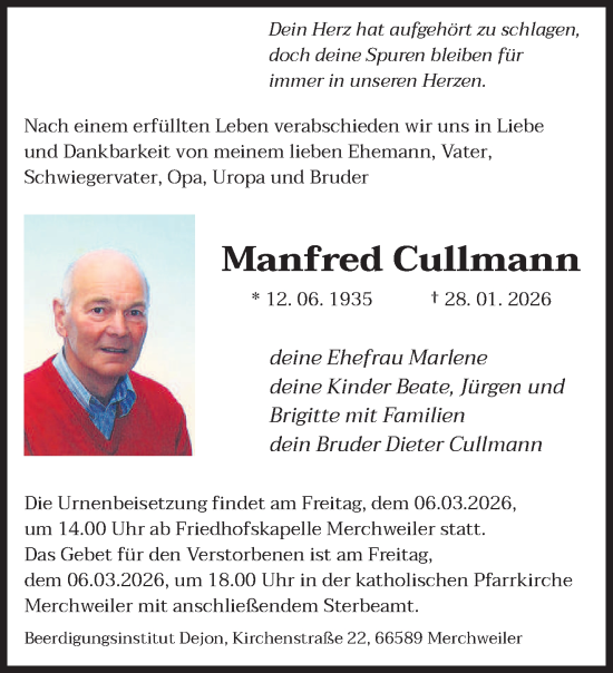 Traueranzeige von Manfred Cullmann von saarbruecker_zeitung