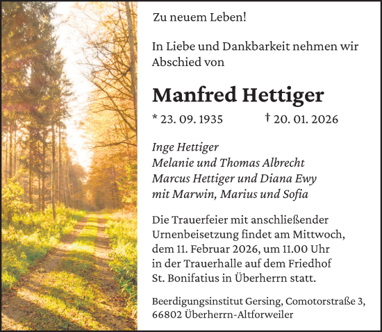 Traueranzeige von Manfred Hettiger von saarbruecker_zeitung
