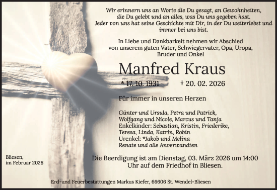 Traueranzeige von Manfred Kraus von saarbruecker_zeitung